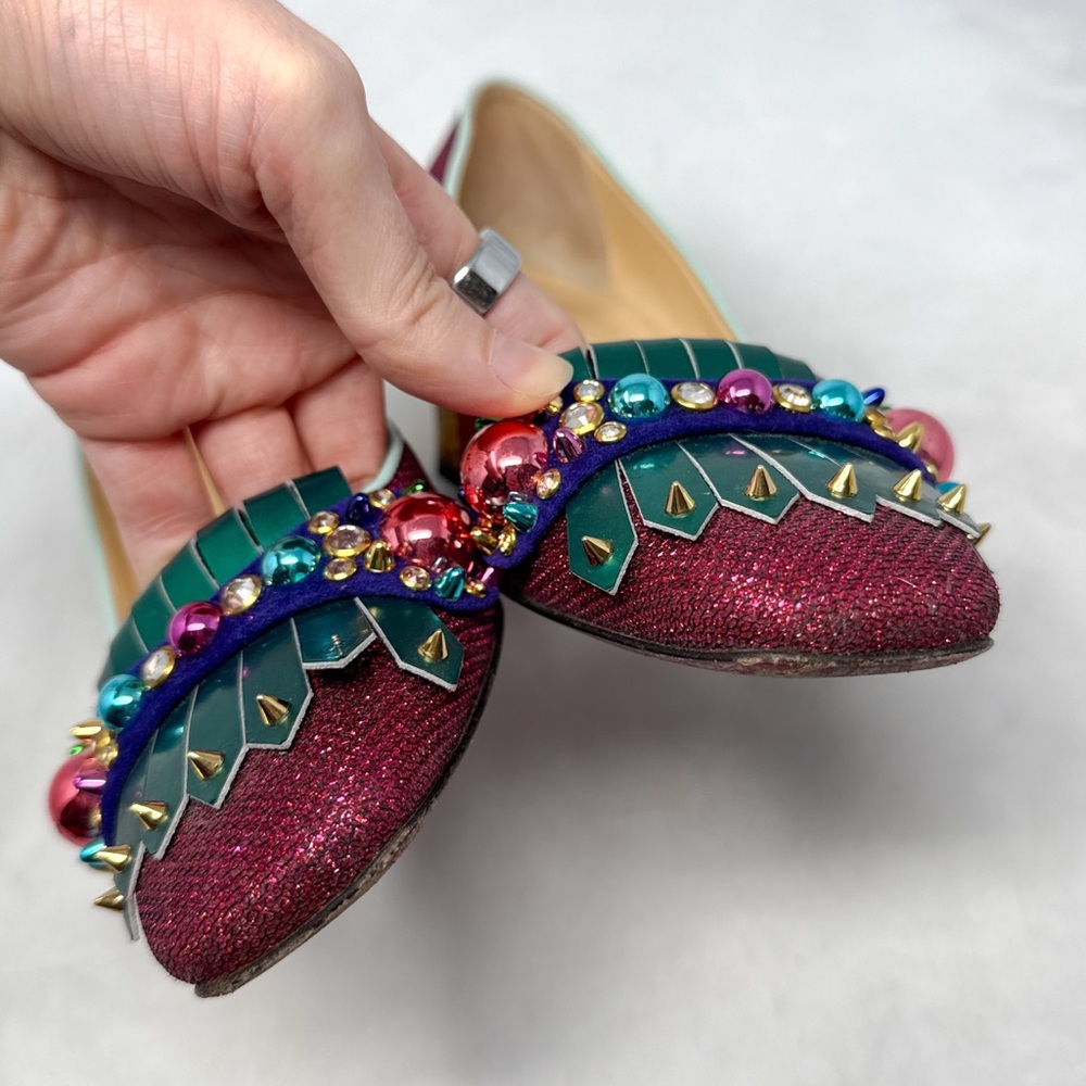 Christian Louboutin Oaxacana 45 Glitter Studded Fringe Heeled Loafer Flat Shoes - Picture 8 of 16